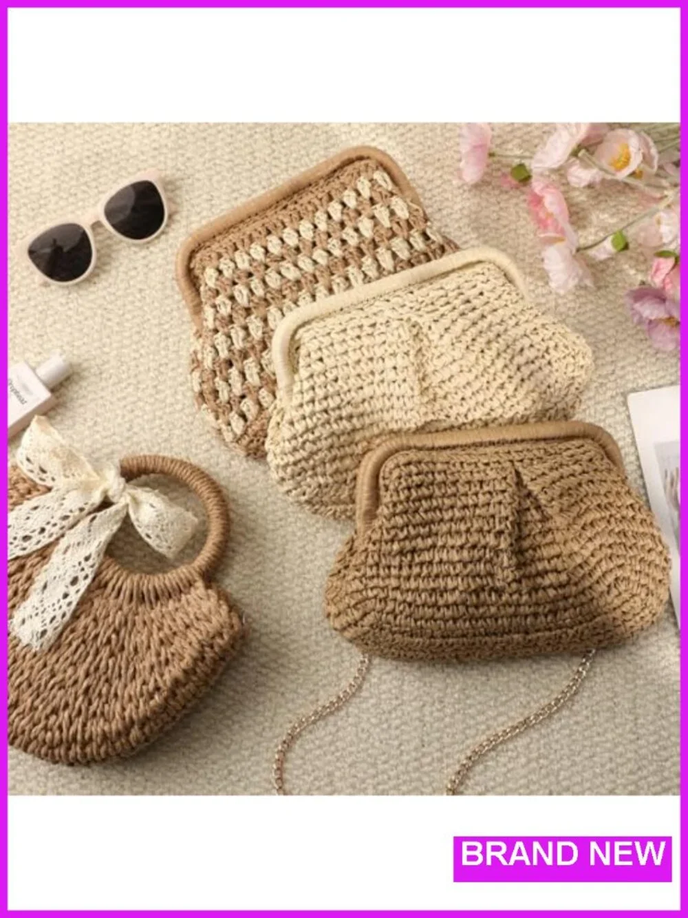 Woven Straw Clutch Purse with Detachable Chain, Crossbody Shoulder Bag